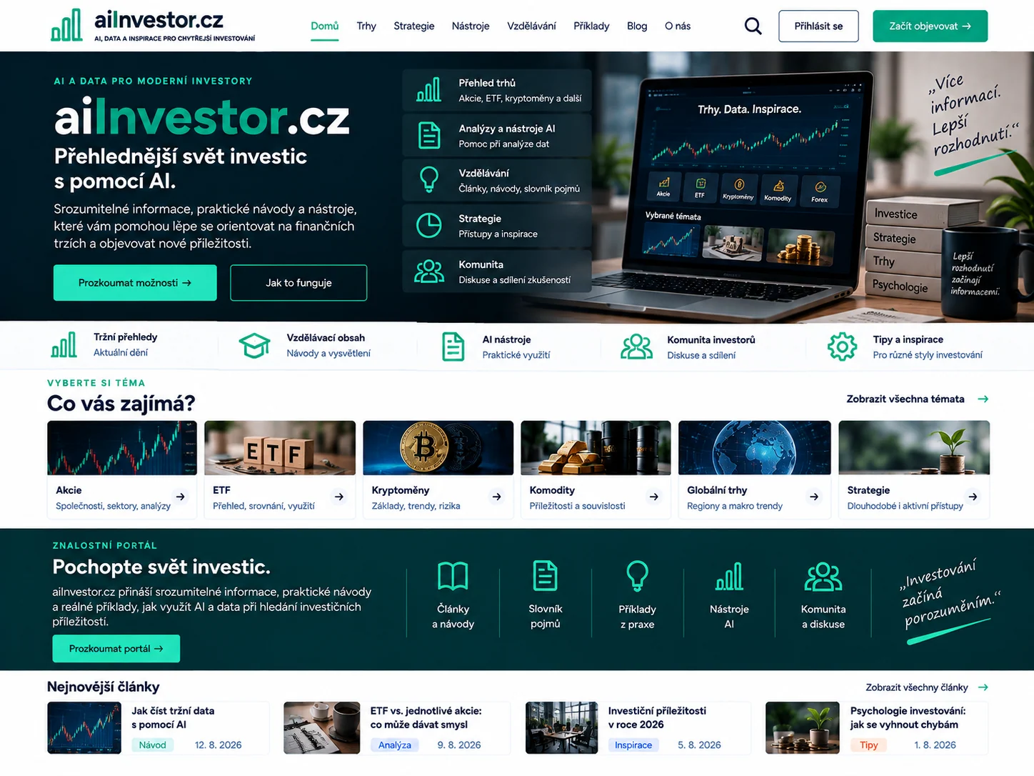 Ilustrační návrh investičního informačního portálu aiInvestor.cz v zelenotyrkysové paletě